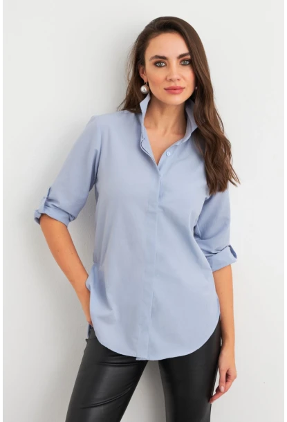 Kadın Açık-Mavi Gizli Düğmeli Uzun Gömlek SF2001