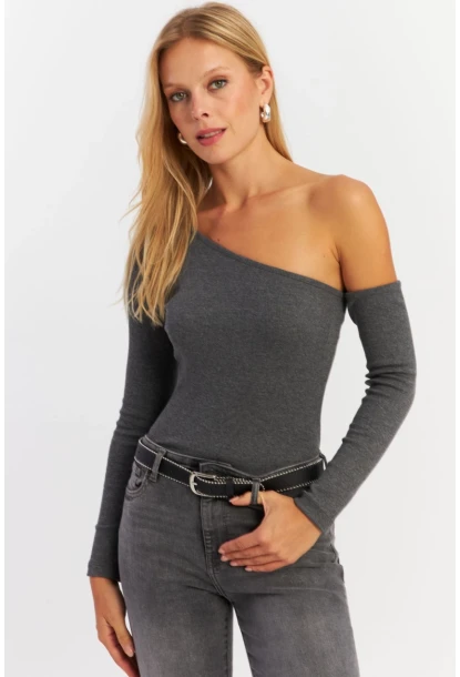 Kadın Antrasit Asimetrik Kollu Kaşkorse Bluz HOR1