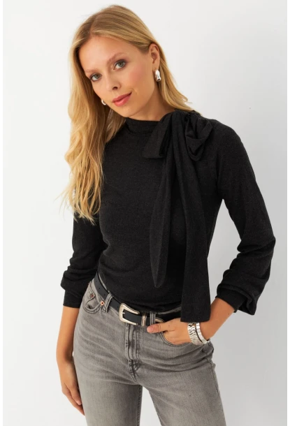 Kadın Antrasit Boyun Bağlamalı Bluz EY2993