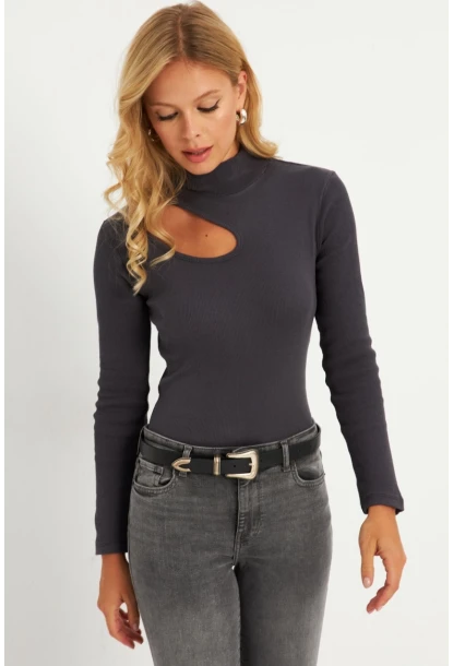 Kadın Antrasit Çapraz Yaka Yarım Balıkçı Bluz B1404