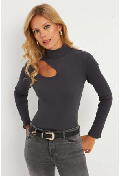 Kadın Antrasit Çapraz Yaka Yarım Balıkçı Bluz B1404