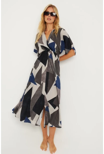 Kadın Antrasit Desenli Kruvaze Midi Elbise HT108