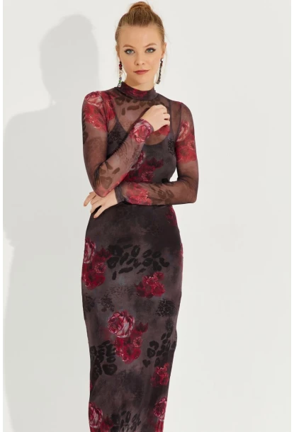 Kadın Antrasit Desenli Midi Tül Elbise YEL221355