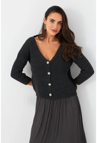 Kadın Antrasit Düğme Detaylı Hırka KAZ30