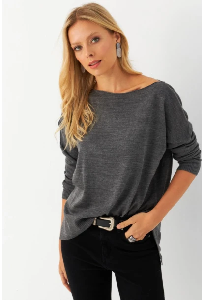 Kadın Antrasit Kayık Yaka Triko Bluz YİL561