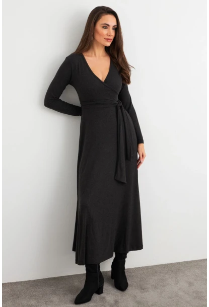 Kadın Antrasit Kruvaze Bağlamalı Midi Elbise EY3020