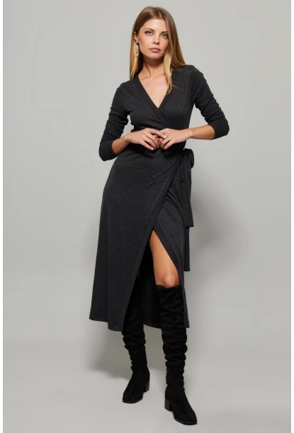 Kadın Antrasit Kruvaze Maxi Elbise EY1135