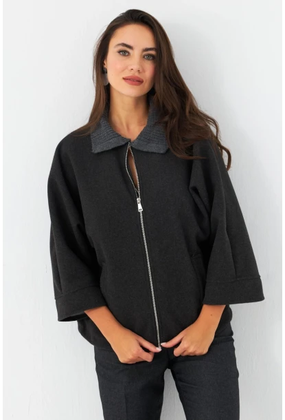 Kadın Antrasit Örme Yaka Kaşe Ceket CAR1080