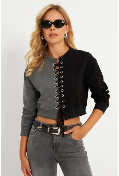 Kadın Antrasit-Siyah Kuşgözlü Kısa Sweatshirt TF02