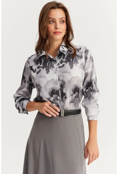Kadın Antrasit Taş Düğmeli Desenli Gömlek MLVF9