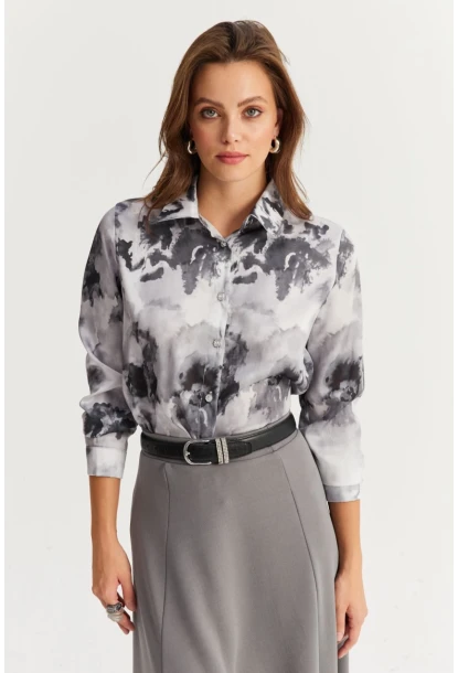 Kadın Antrasit Taş Düğmeli Desenli Gömlek MLVF9