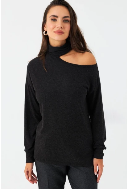 Kadın Antrasit Tek Omuz Açık Balıkçı Bluz EY2981
