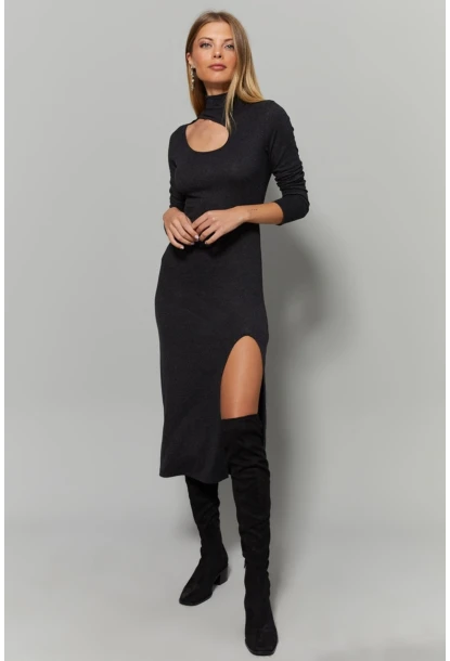 Kadın Antrasit Yaka Pencereli Yırtmaçlı Elbise Yİ1984