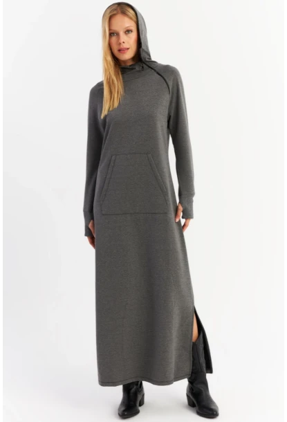 Kadın Antrasit Yakası Fermuarlı Maxi Sweat Elbise MTF12