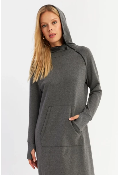 Kadın Antrasit Yakası Fermuarlı Maxi Sweat Elbise MTF12