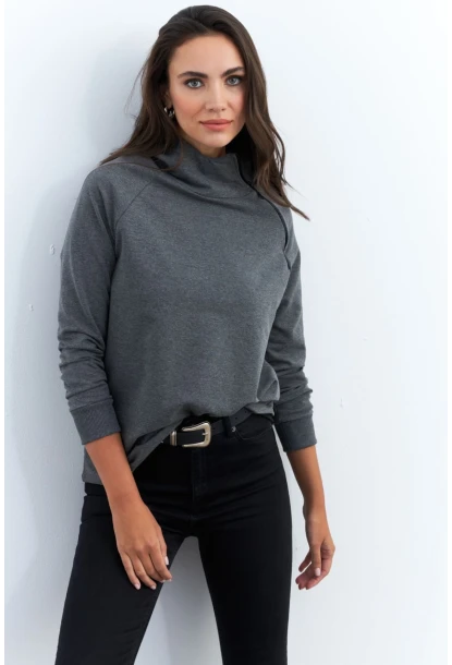 Kadın Antrasit Yakası Fermuarlı Sweatshirt TF11