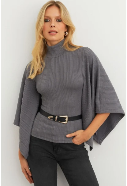 Kadın Antrasit Yarasa Kol Balıkçı Bluz MTF32