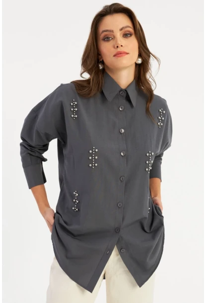 Kadın Antrasit Zımbalı Gömlek MASF1