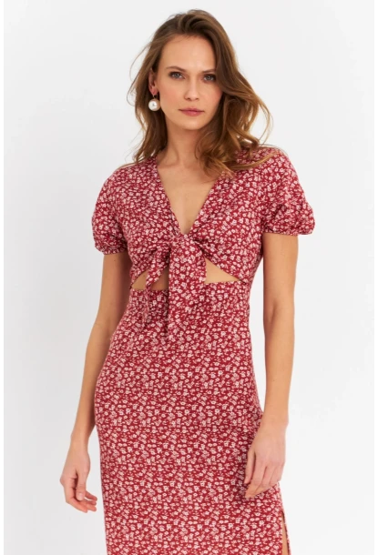 Kadın Badem Düğümlü Pencereli Midi Elbise Q1002