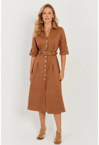 Kadın Badem Nubuk Midi Gömlek Elbise KED4023