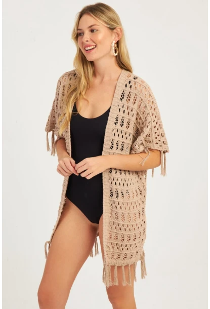 Kadın Bej Ajurlu Püsküllü Hırka YV224