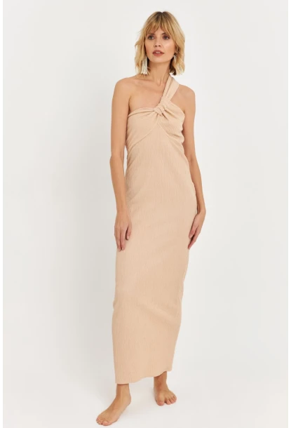 Kadın Bej Asimetrik Yaka Maxi Elbise NH25455