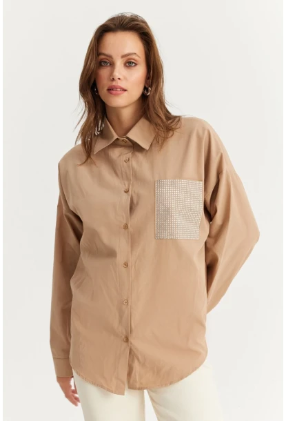 Kadın Bej Cepli Taşlı Gömlek ZER414