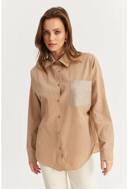 Kadın Bej Cepli Taşlı Gömlek ZER414