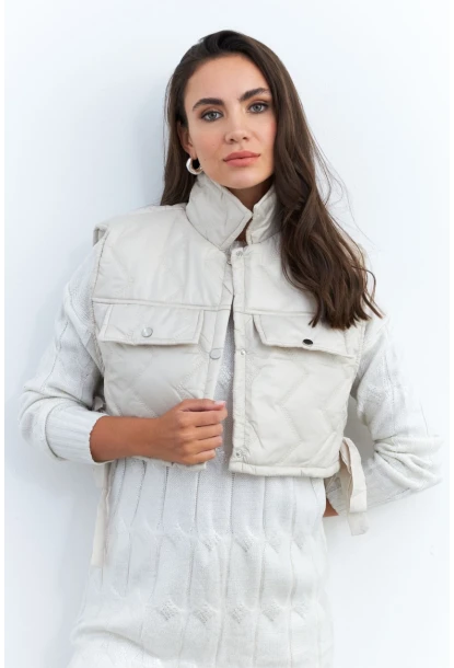 Kadın Bej Crop Yelek İS808