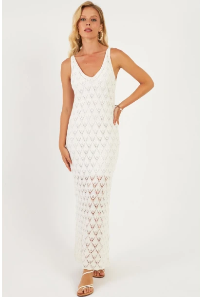 Kadın Beyaz Astarlı Triko Maxi Elbise KZ3211