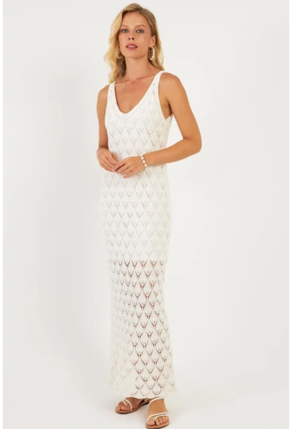 Kadın Beyaz Astarlı Triko Maxi Elbise KZ3211