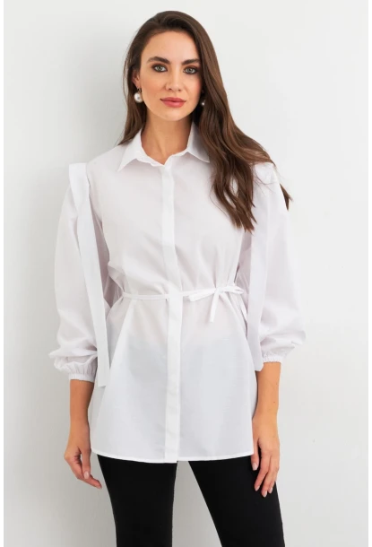 Kadın Beyaz Bağlama Detaylı Basic Gömlek MASF185