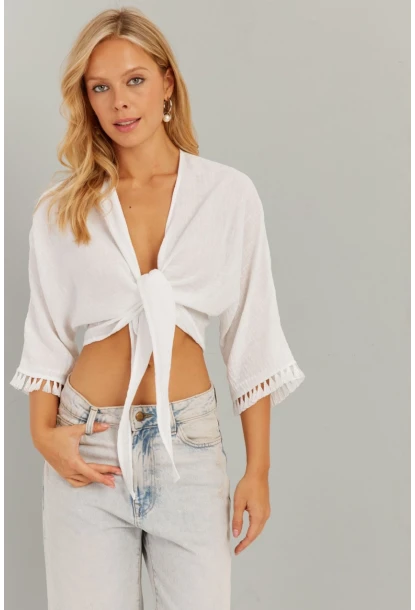 Kadın Beyaz Bağlamalı Bluz KS034