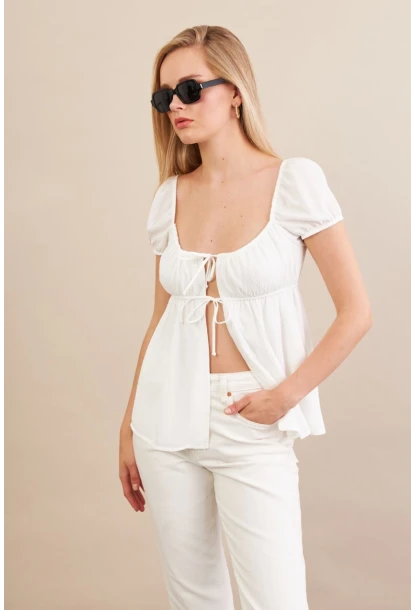 Kadın Beyaz Bağlamalı Rustik Bluz ZH128