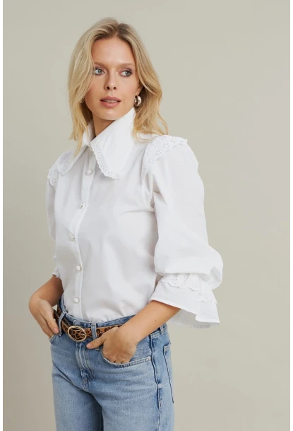 Kadın Beyaz Bebe Yaka Dantelli Gömlek MQS1839