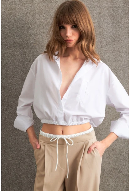 Kadın Beyaz Beli Lastikli Gömlek ELT3835