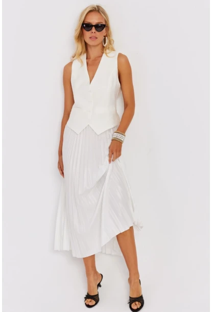 Kadın Beyaz Beli Lastikli Pilise Etek OW145