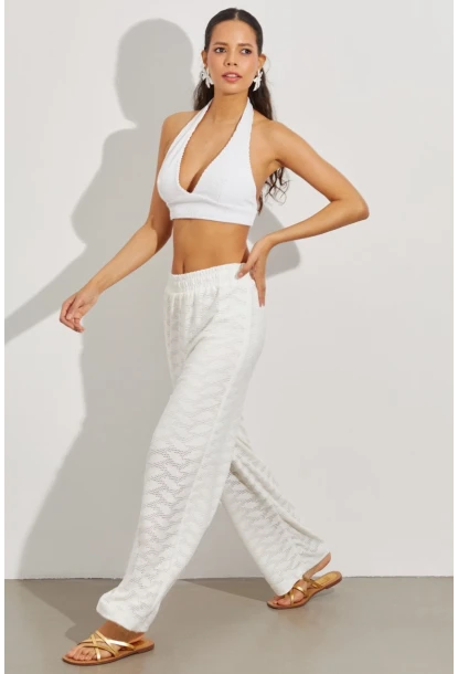 Kadın Beyaz Beli Lastikli Yarım Astarlı Brode Pantolon TW80018