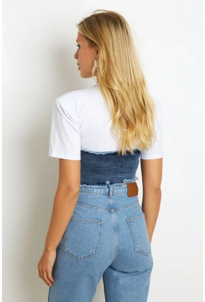 Kadın Beyaz Denim Bloklu Vatkalı  Bluz YZ636