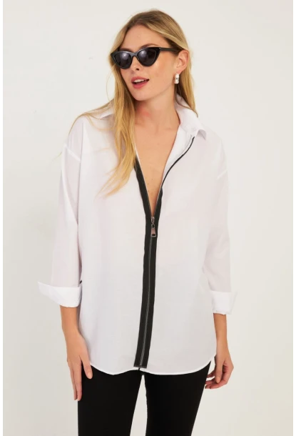 Kadın Beyaz Fermuarlı Gömlek  KPN08