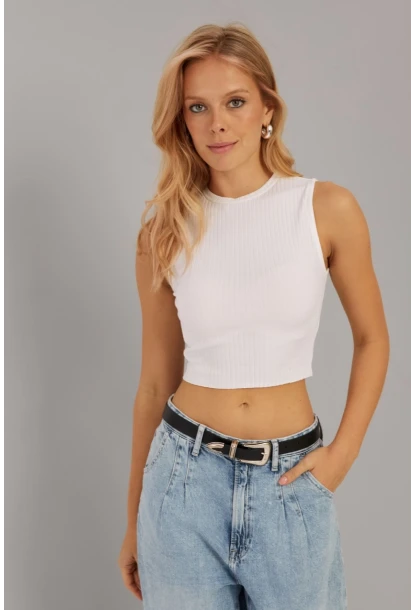 Kadın Beyaz Fitilli Crop Bluz LPP1262