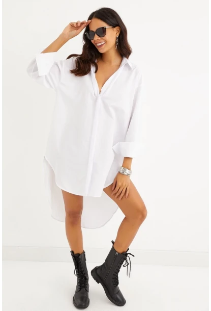Kadın Beyaz Gizli Düğmeli Tunik Gömlek Elbise SF1292