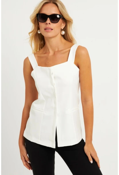 Kadın Beyaz Gizli Düğmeli Yelek TW60236