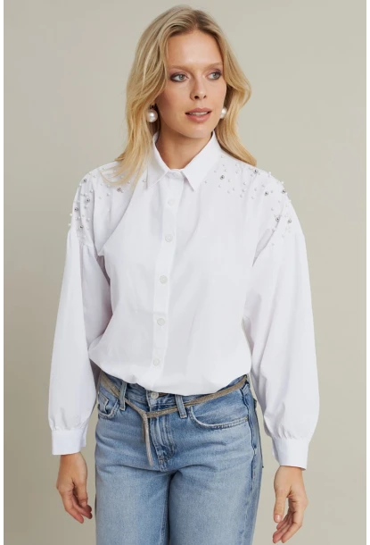 Kadın Beyaz İncili Balon Kol Gömlek MASF16