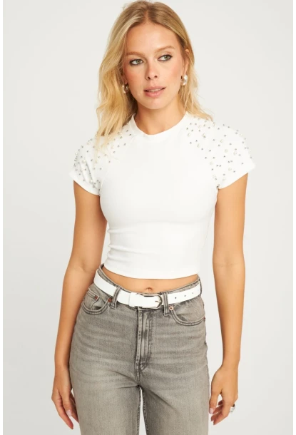 Kadın Beyaz İncili Kısa Bluz HOL2112