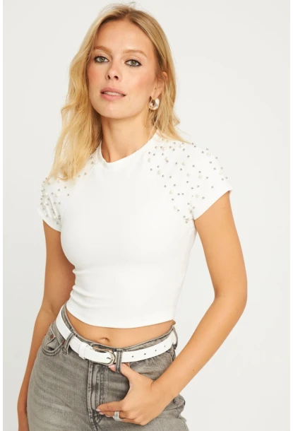 Kadın Beyaz İncili Kısa Bluz HOL2112