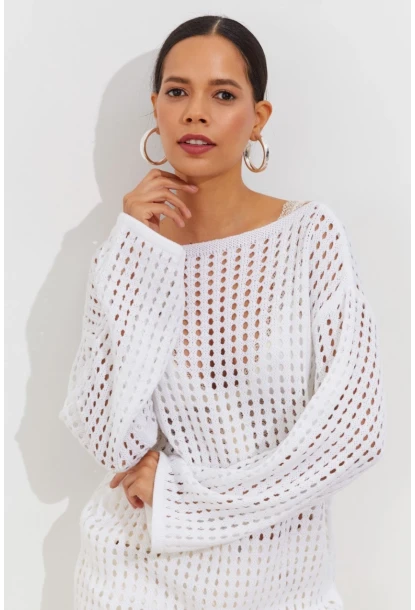 Kadın Beyaz İspanyol Kol Ajurlu Triko Uzun Bluz SMT198