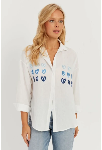 Kadın Beyaz Kalp Nakışlı Gömlek PP5391