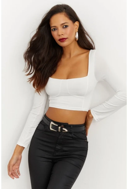 Kadın Beyaz Kare Yaka Crop Bluz CG263