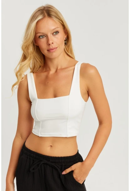 Kadın Beyaz Kare Yaka Crop Bluz CG348